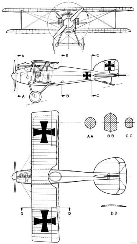 Общий вид, сечения фюзеляжа и крыла истребителя Альбатрос D II первых серий с радиаторами «Виндхоф»